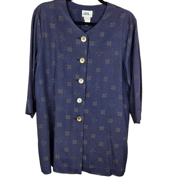 Vintage‎ J.B.S. Ltd Blue Patterned 3/4 Sleeve Tunic Button Front Womens Size 14P - Picture 1 of 11